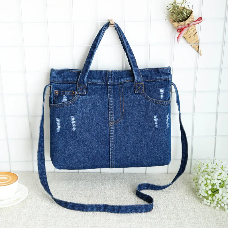 Casual Fashion Zipper Design Black Blue Denim Pocket Vintage Women Tote ...