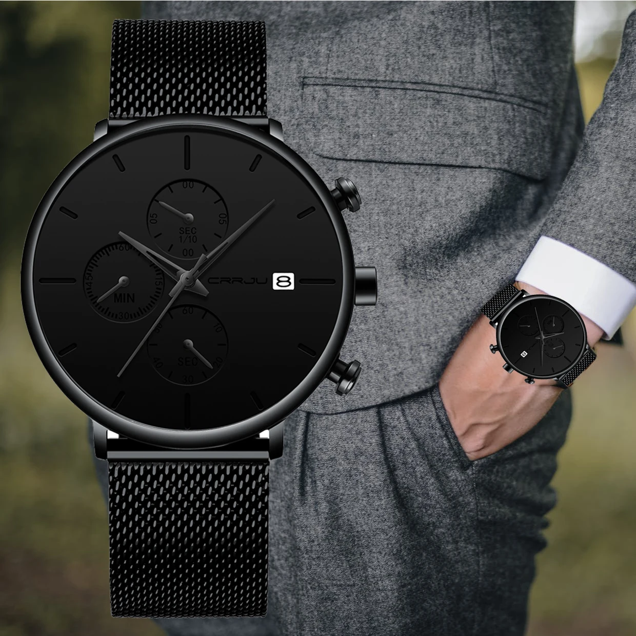 Günstig Luxus Marke CRRJU Männer Uhr 2019 Neue Minimalistischen Multi funktion Chronograph Wasserdicht Mesh Armbanduhr mit Datum Display