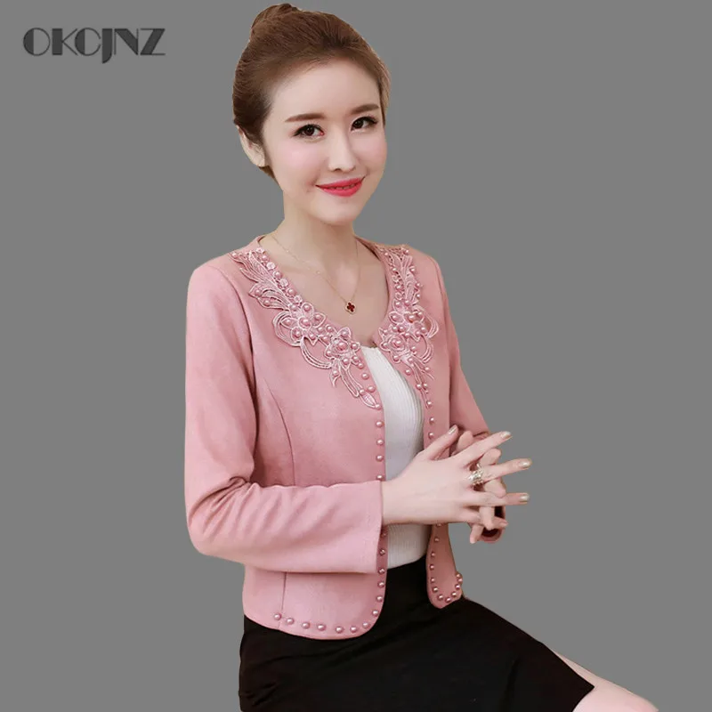 

2019 Faux Suede Jacket Woman Clothes Long Sleeve Embroidery Pearl Windbreaker Plus Size Basic Coat Harajuku Bomber Jacket OKQ308