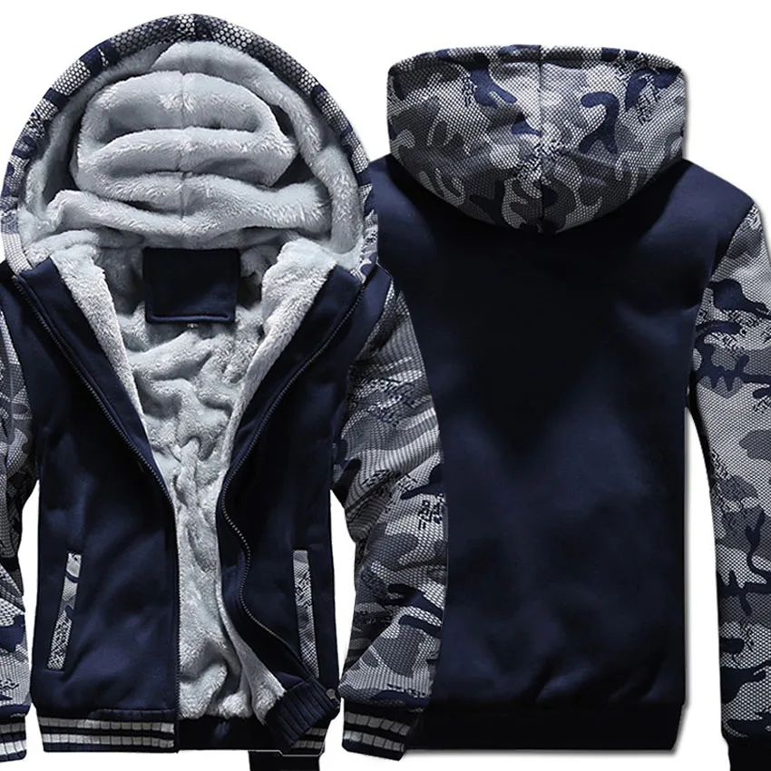 

Brand Solid Color Hoodie Men Zipper Hooded Sweatshirt Coat Winter Thick Fleece Warm Plus Size 4XL Streetwear Camouflage Jacket