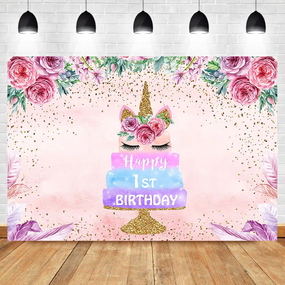 

Glitter Gold Unicorn Backdrop Pink Flower Unicorn Cake Birthday Photography Background Happy 1st Birthday Unicorn Backdrops