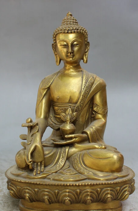 

song voge gem S3345 8" Chinese Brass Joss Shakyamuni Sakyamuni Medicine Buddha Amitabha Statue Set
