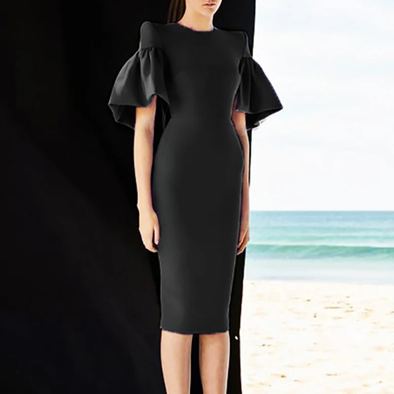 Beateen Новое модное Клубное платье с круглым вырезом и рюшами с коротким рукавом, женские вечерние облегающие миди платья черного и фиолетового цвета