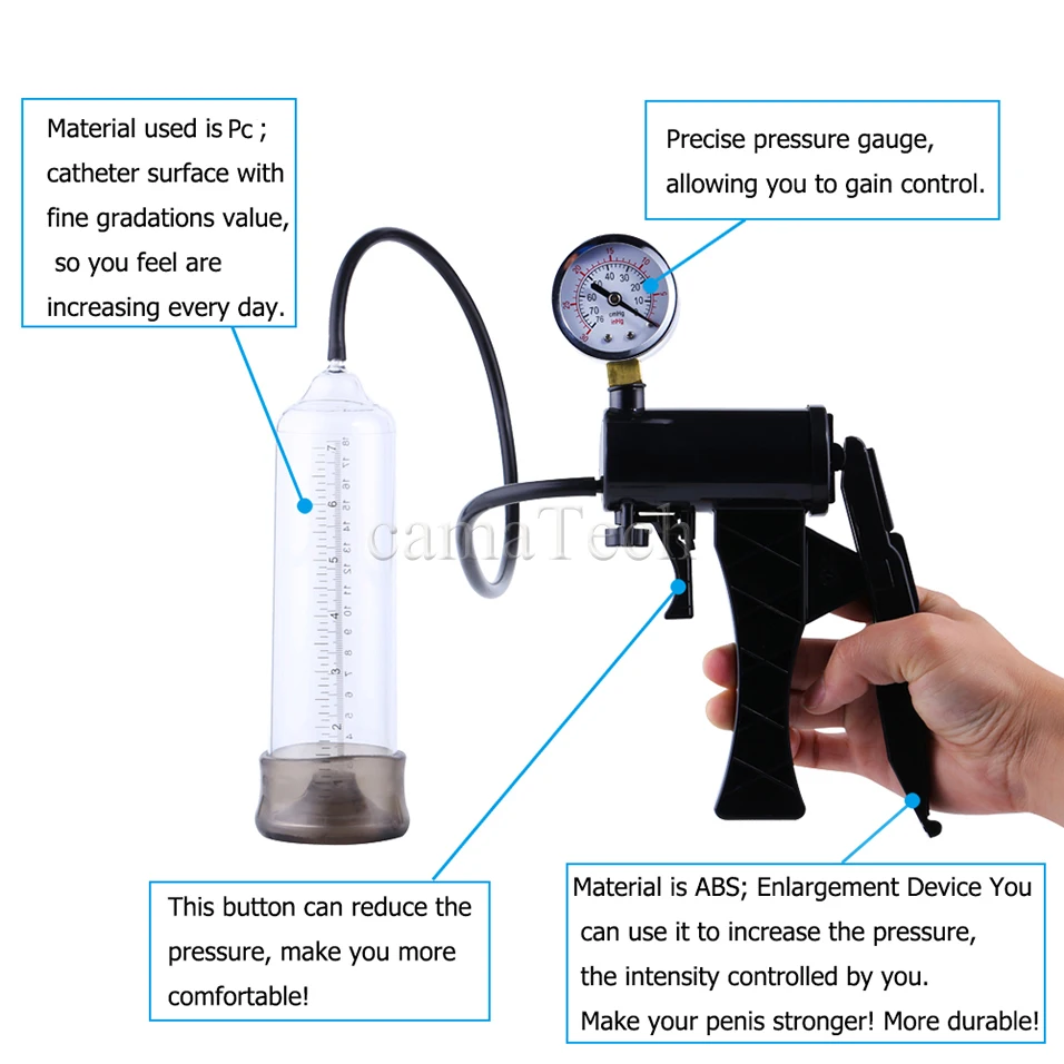 camaTech Male Pistol Penis Pump Enlarger Enlargement With Master Pressure Gauge Dildo Erection Enhancer Vacuum Sleeve Sex Toys 4