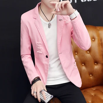 

Mens Clubwear Hole Ripped Jackets One Button Blazers Casual Coat Solid Tops Slim Fit Men Jacket