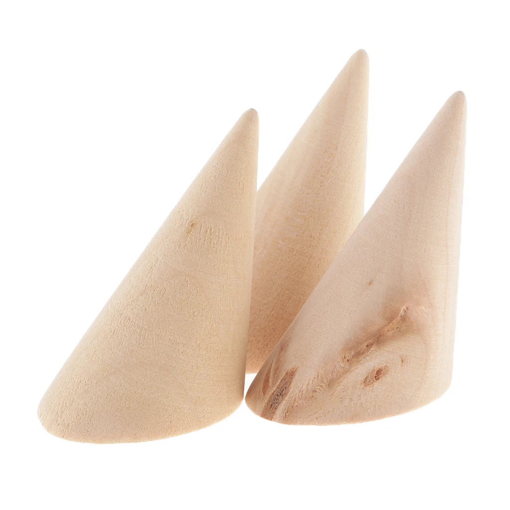 3pcs Handmade Small Unpainted Plain Natural Wood Cone Ring Display Stand for DIY Crafts Decoupage