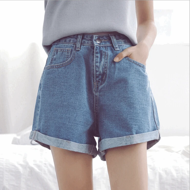 Летние свободные Рваные джинсовые шорты с высокой талией с рюшами Модные женские широкие повседневные шорты