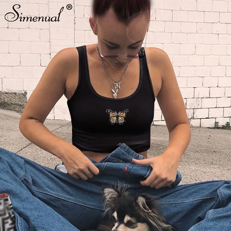 

Simenual Butterfly Embroidery Casual Tank Tops for Women Basic Slim Tanks Summer 2019 Fashion Crop Top Sleeveless Streetwear New