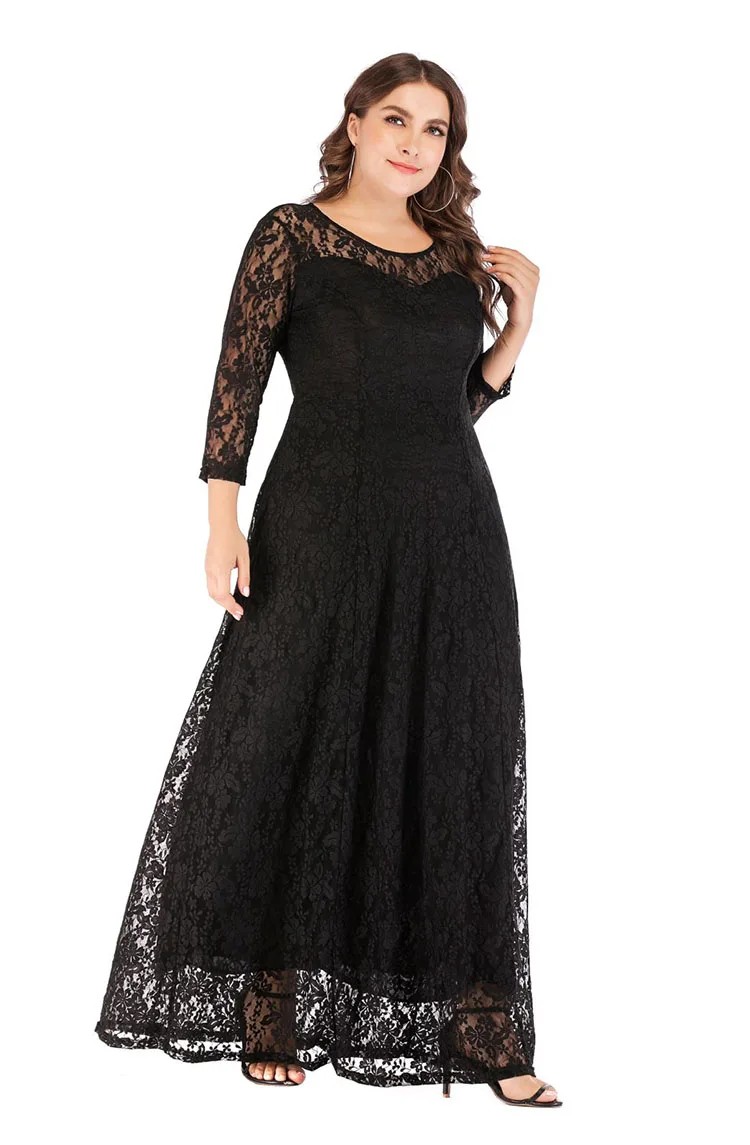 GIBSIE женское элегантное кружевное вечернее платье 6XL 5XL 4XL с круглым вырезом и рукавом 3/4, длинное платье макси размера плюс, женская одежда