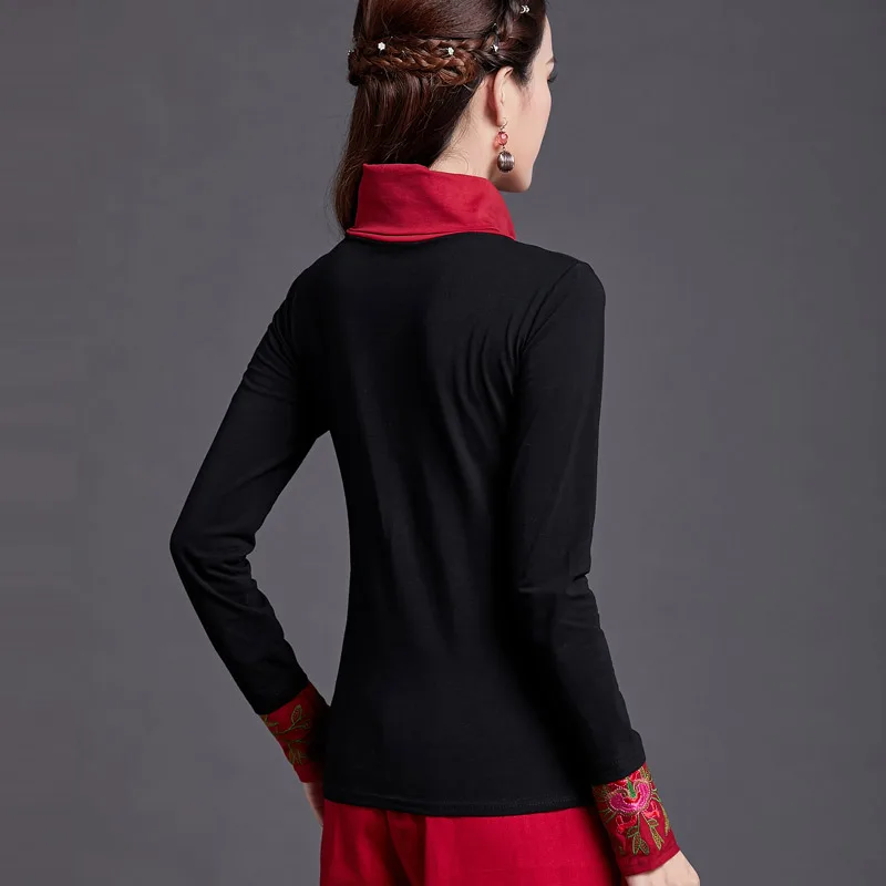 Женская одежда в китайском стиле с высоким воротником и длинными рукавами; сезон весна-осень-зима; Новая футболка для женщин и девочек; женские рубашки с вышивкой; Топ