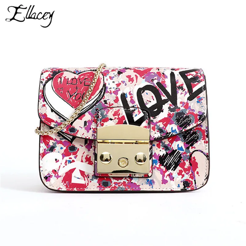 

Ellacey 2019 New Painted Printing Genuine Leather Handbags Fashion Wild Ladies Chain Messenger Bag Party Handbags Leather Bags