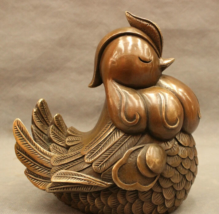 

Folk Chinese Bronze Copper Bird Mandarin Duck Aix Galericulata Statue Animals