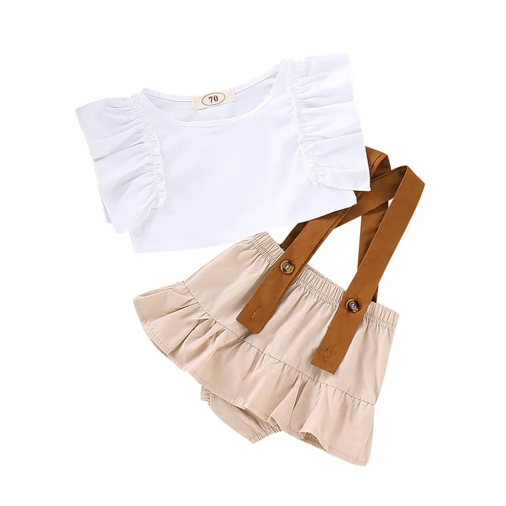 

Toddler Girl Clothes 2019 Summer Sleeveless Solid Ruffle Tops+Suspender Shorts Outfits Sets Kinderkleding Meisjes