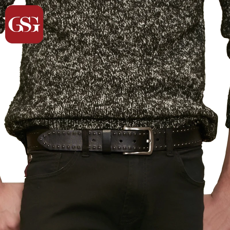 

GSG Men Leahter Belts Rivets Pin Buckle Belt Fashion Black Men Belt Wide Long Brand Belt 110 115 120