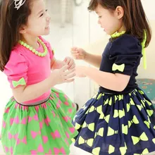 2018 Summer Bow Children’S Female Clothing Baby Child Girl Cute Short-Sleeve Puff Sleeve Short T-Shirt + Skirt 2 Pcs Set