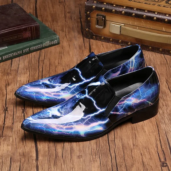 

Men Blue Fashion Formal Business Slip-On Wedding Dress Shoes Men Patent Leather Pointed Toe Casual Shoes