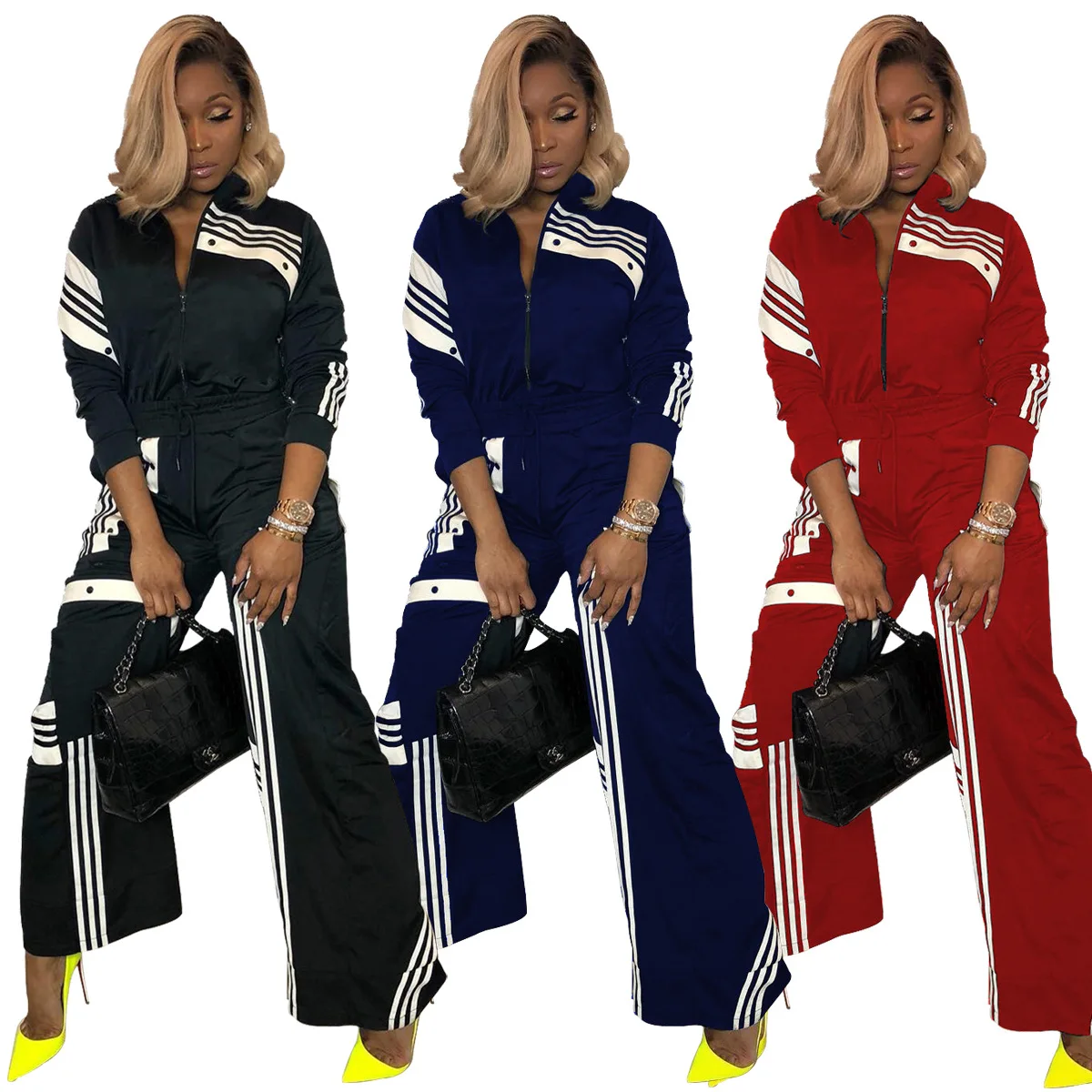 

Cross-border women's wear European and American fashion sport white vertical strip printed broad-legged pants two sets