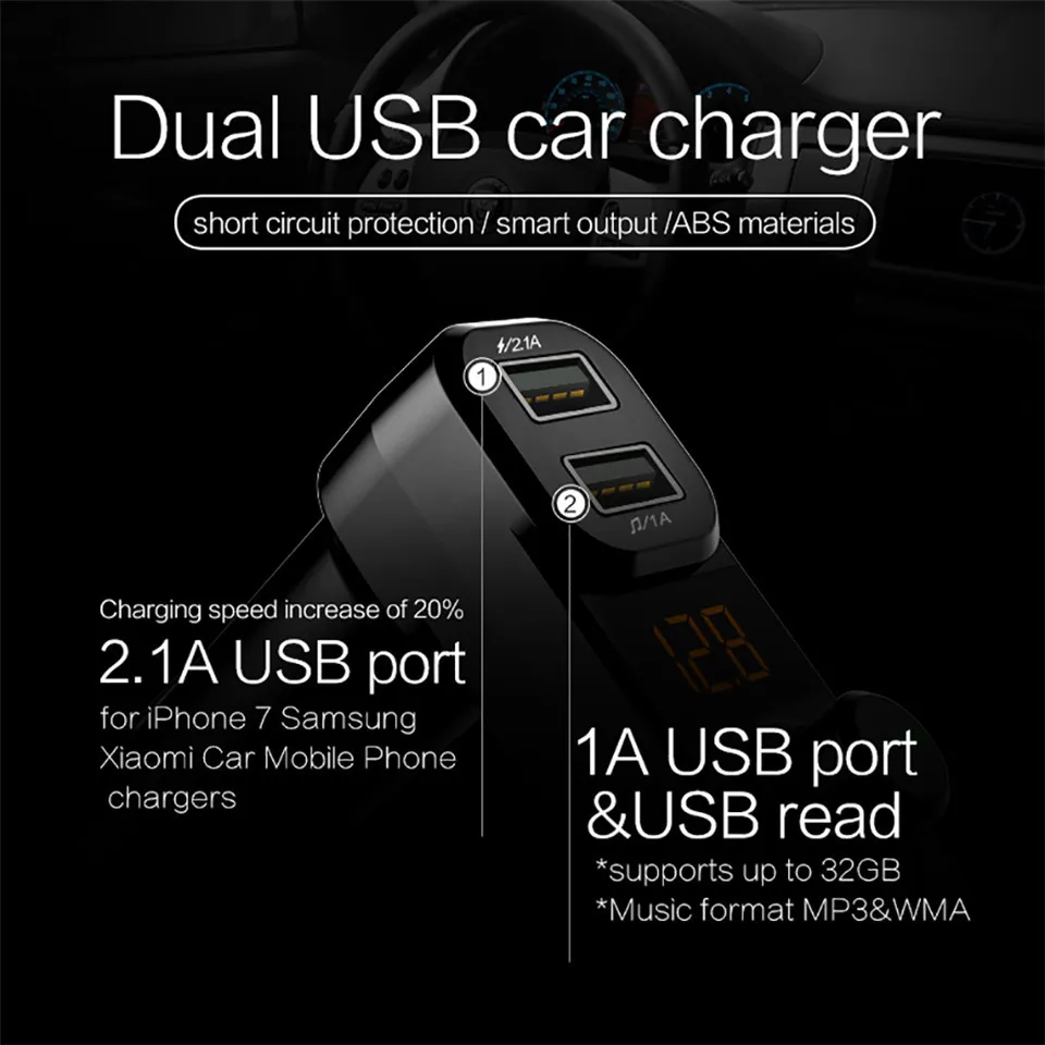 Wireless FM Transmitters Voltage Display Dual USB Car Audio MP3 Player Car Charger Bluetooth Handsfree Car Kits Car Accessories (7)