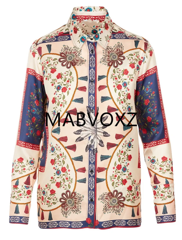 

Women Shirts Long Sleeve National Vintage Standard Collar Casual Blouse Haut Femme