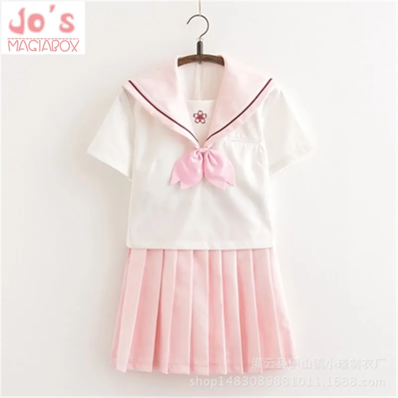 

Pink Kawaii Japanese Preppy Style Women Salior Suit Sweet Short Sleeve Crew Neck Tops And Young Girl Pink Solid Pleated Skirts
