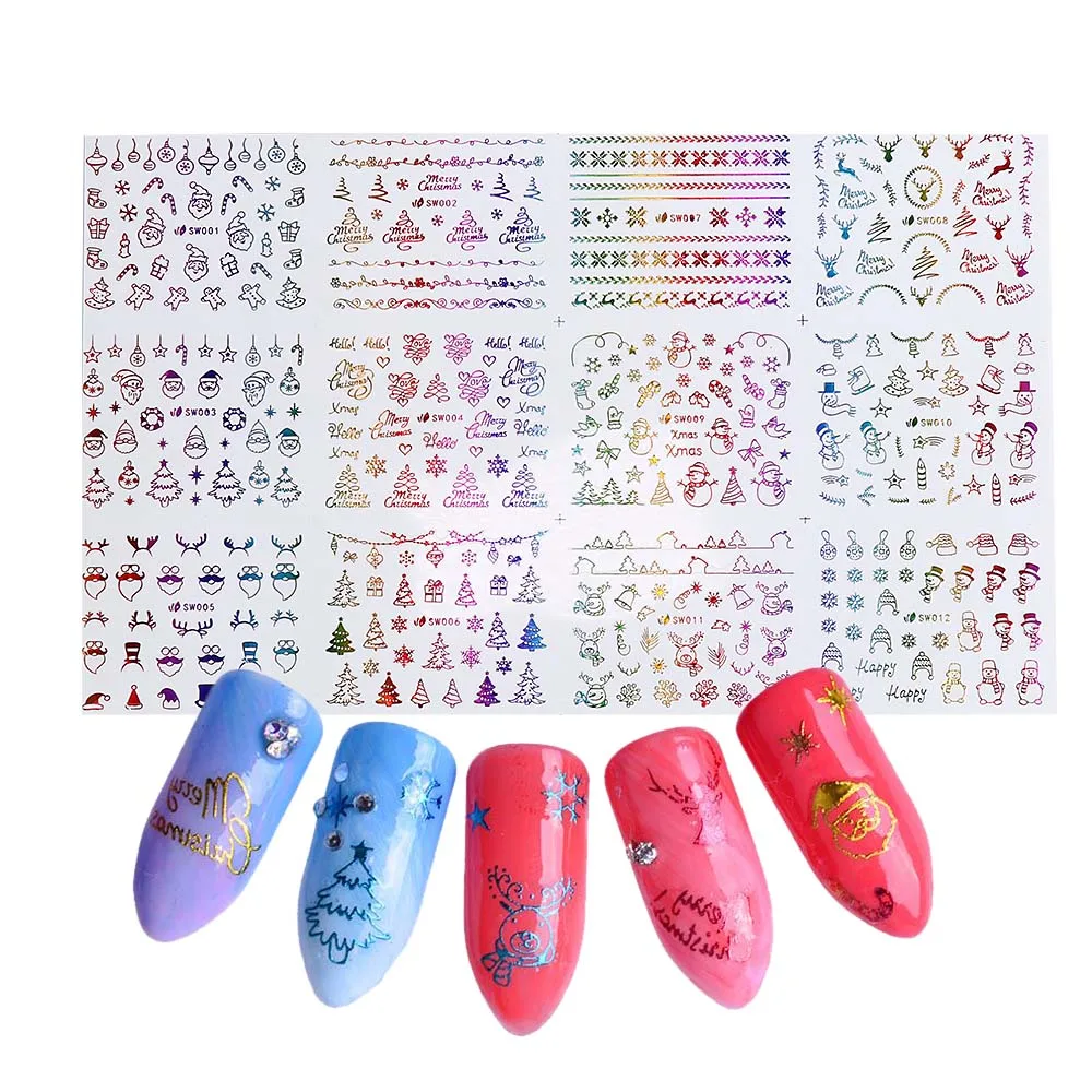 

12 Designs Starry 3D Nail Art Stickers Bronzing Christmas Cartoon New Year Nail Glitters Decal DIY UV Gel Manicure Decors