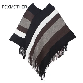 

FOXMOTHER 2019 New Winter Brand Stole Tassel Cardigan Coat Multicolor Knitted Striped Poncho Scarf Women Ladies Dropshipping