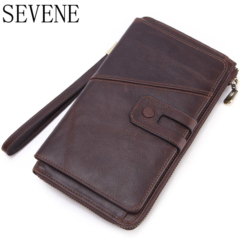 

SEVENE Men Clutch Genuine Leather Wallet Casual Long Wallet Brand Luxury Zipper Purse Card Holder with Phone Pocket Coin Purses
