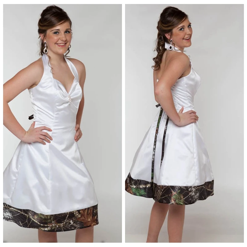 2017 Simple A Line White Satin With Camo Wedding Dress Short Knee