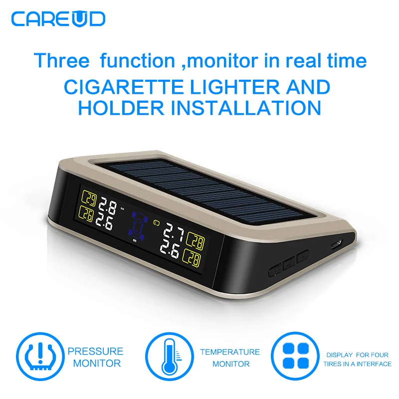 תצוגת lcd careud tpms מערכת ניטור לחץ אוויר בצמיגי רכב 4 חיישנים חיצוניים אנרגיה סולארית מערכת אזעקה אוטומטית כלי אבחון