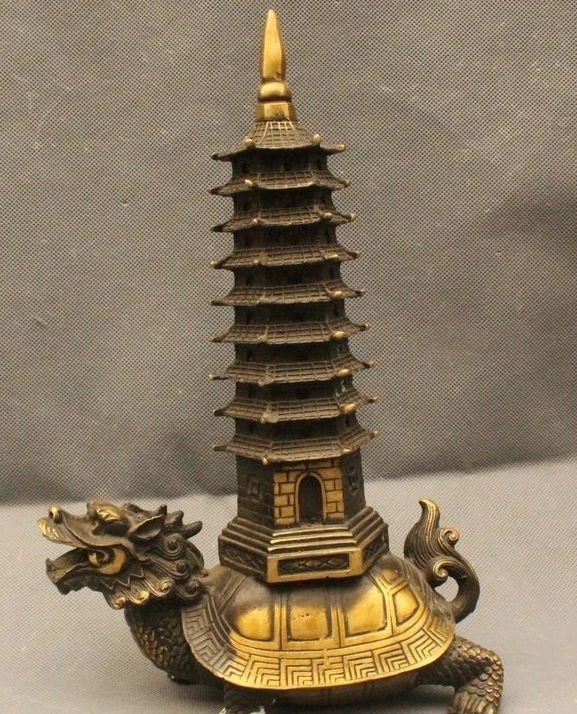 

12" China Fengshui Brass Dragon Turtle tortoise Carry Stupa Pagoda Tower Statue