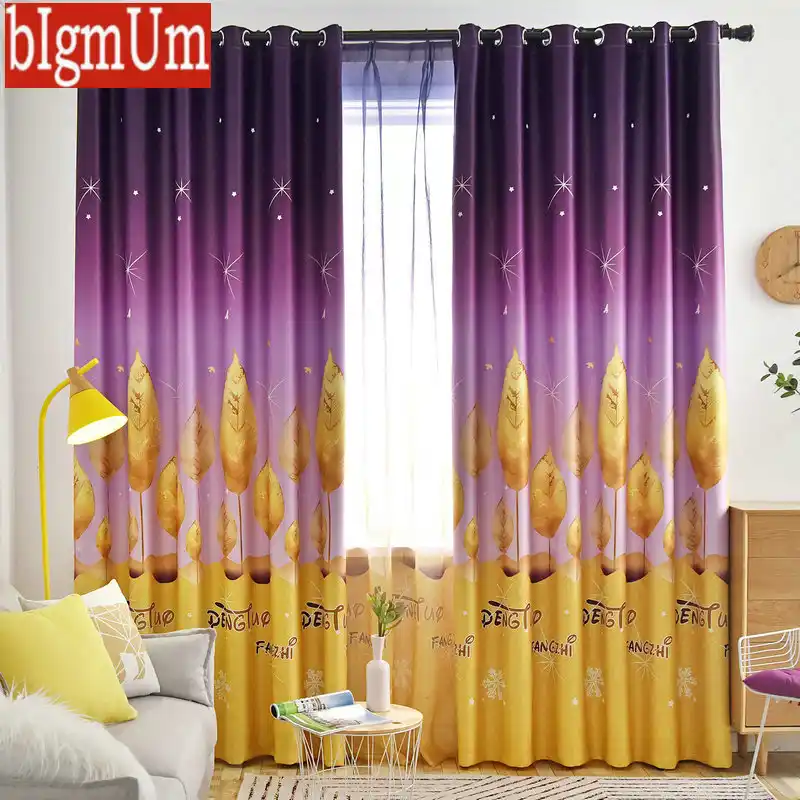 3d Printed Blackout Curtains For Livingroom Kitchen Kids Golden Leaves Pattern Drapes Purple Blue Rideaux Tende Aliexpress