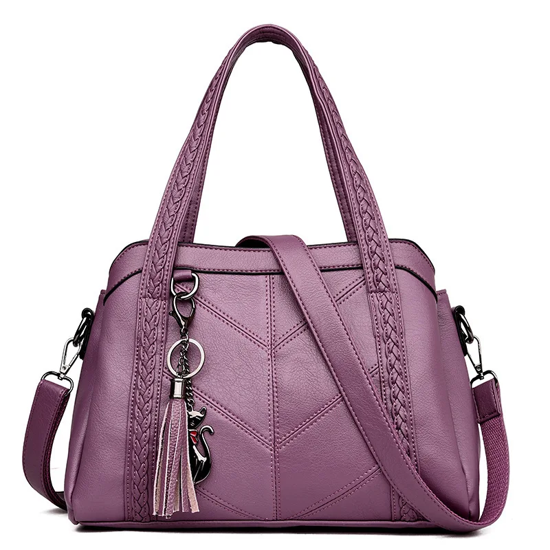 Hot Women Handbag Genuine Leather Tote Bags Tassel Luxury Women Shoulder Bags Ladies Leather Handbags Women Fashion Bags - Цвет: Purple