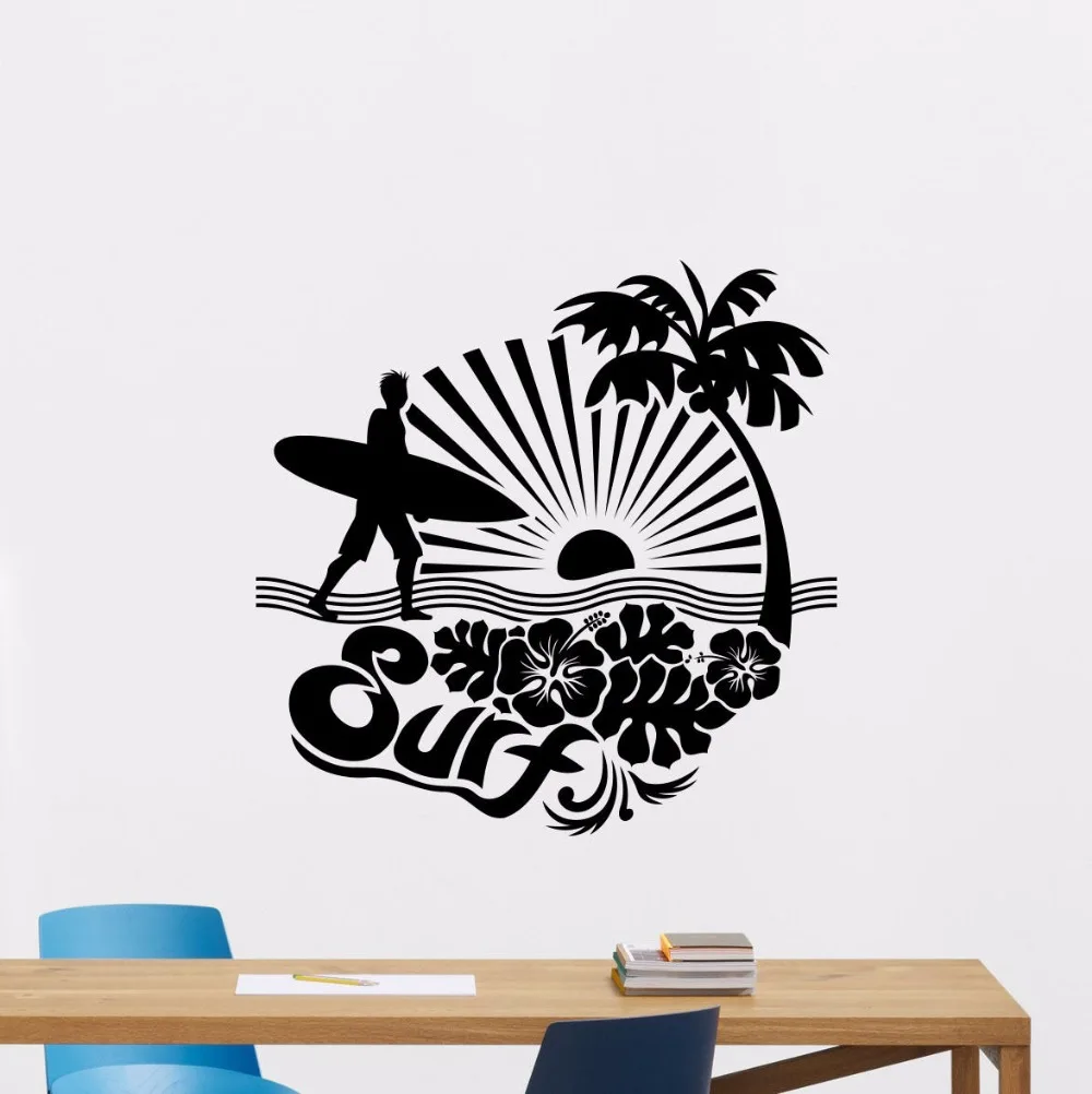 Surfing Wall Decal Removable Sports Sea Palms Surfer Vinyl Sticker Palm Tree Surfer Man Wall Art
