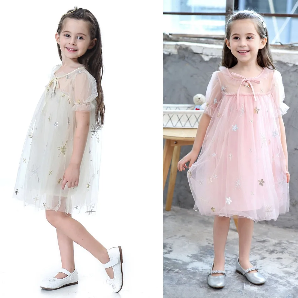 

Summer Dress 2019 Shiny Star Pattern Girls Yarn Cotton Lined Princess Dress Double Layer O-neck Kids Dresses for Girls 1-6Y