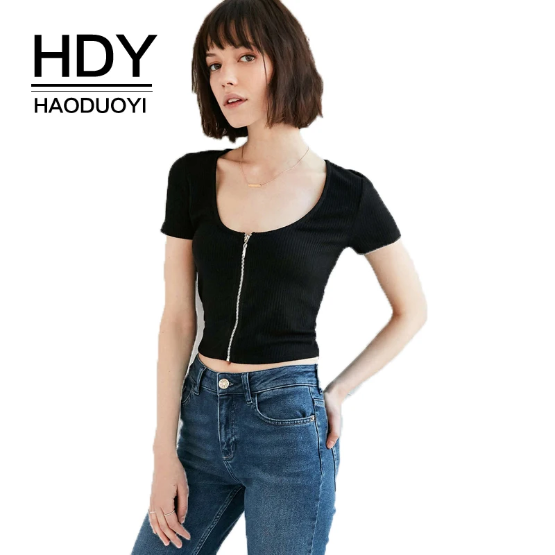 Женская футболка HDY Haoduoyi черная однотонная мини с коротким рукавом и круглым