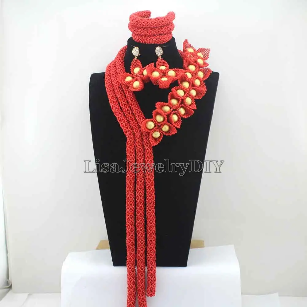 

2019 Surprising Red Flower African Costume Jewelry Sets Nigerian Wedding Beads Bridal Necklaces Earrings Free Shipping HD8084