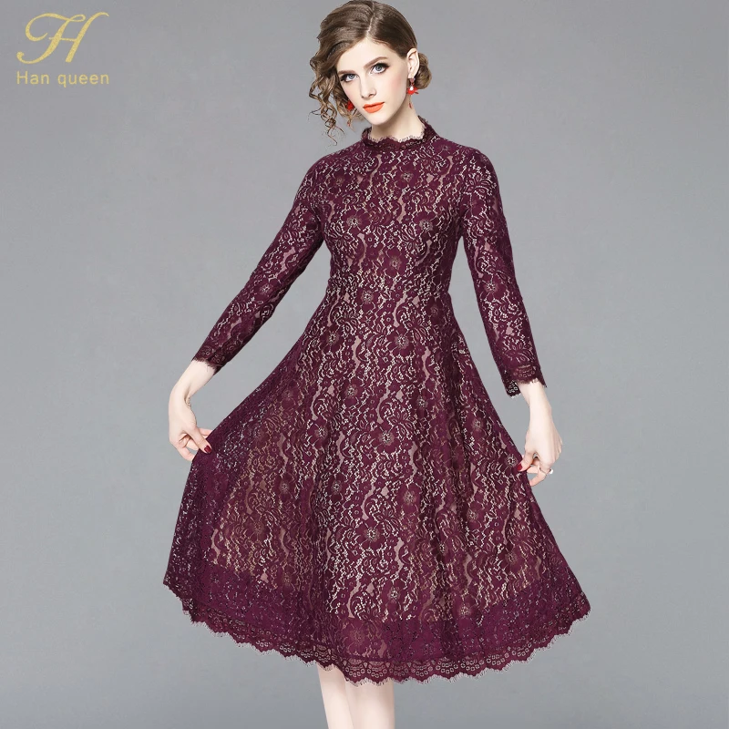 

H Han Queen New Arrival 2019 Spring Purple Lace Dress Fashion Europe Style Elegant Slim Ladies Party Women Casual Dresses