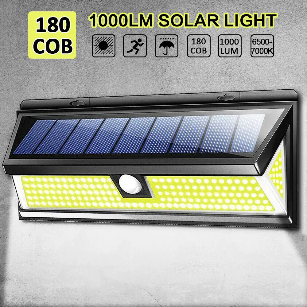 1000LM 180LED COB Солнечный настенный светильник Открытый сад Безопасность лампы движения сенсор беспроводной водостойкий для гаража задний двор