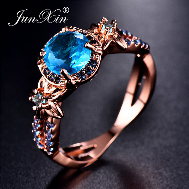 Cute Female Crystal White Blue Green Round Ring Fashion Rose Gold Flower Ring Zircon Stone Engagement Rings For Women