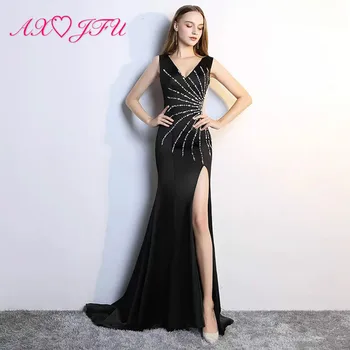 

AXJFU black v neck Elegant evening Dresses Autumn New Private Banquet Sexy Deep beading Slim Tail Women mermaid Evening Dresses