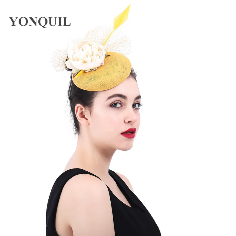 Желтый цвет Fascinators для женщин Элегантный Необычные Цветочные pillbox hat Фата женат Свадебные вечерние hat chapeau Чай Аксессуары для волос