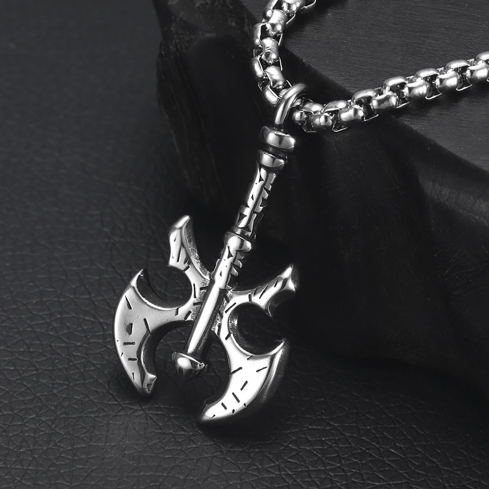 

Viking Bladebone Double Axe Pendant Necklace Men 316L Stainless Steel Jewelry Men's Long Chain Halberd Necklaces Jewellery Gift