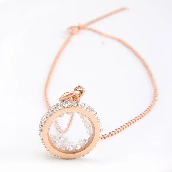 

New Arrivel Stainless Steel Crystal Necklace Crystal Glass Medallion Round Shape Glass Locket Pendant Chain Necklace