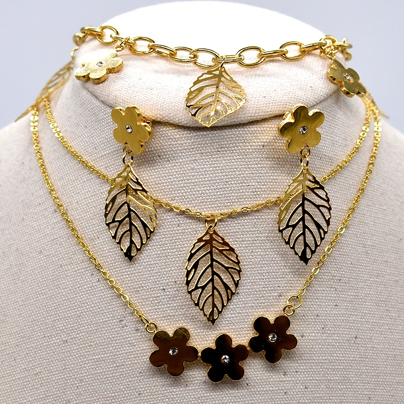 

AMUMIU Fashion jewelry sets for women 2017 Flower Leaves 316L Stainless Steel Necklace Earring Bracelet Set KTZ035