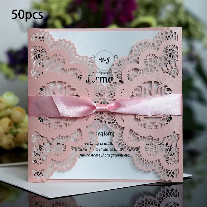  50pcs Wedding Invitation Card with ribbon Laser Cut Floral Glittering Engagement Baptism Invitation - 33041172702