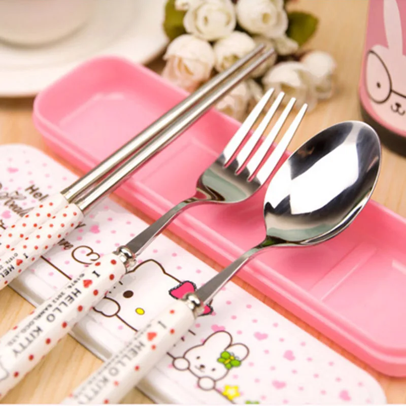 

Cute Kawaii Hello kitty Dinnerware Lunch Set Stainless steel Ceramics Handle Tableware C