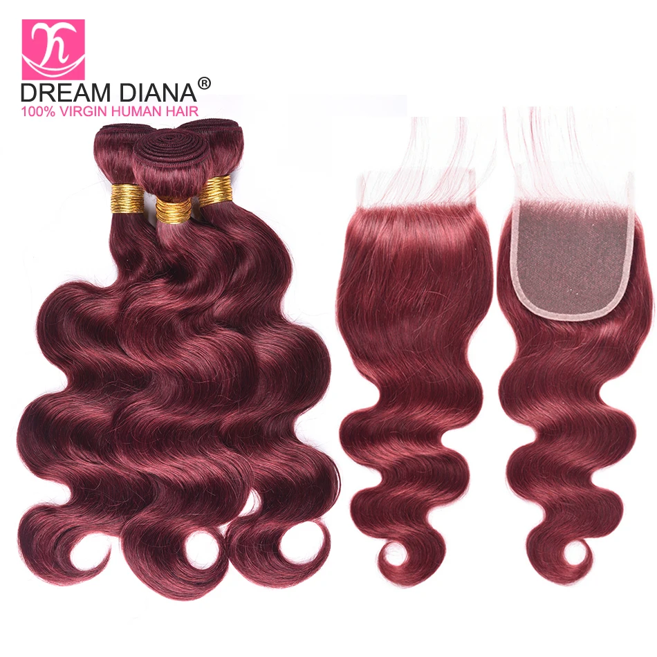 DreamDiana 99J цветные волнистые пучки с закрытием бордовые Реми бразильские волосы пучки с закрытием 99j пучки с закрытием