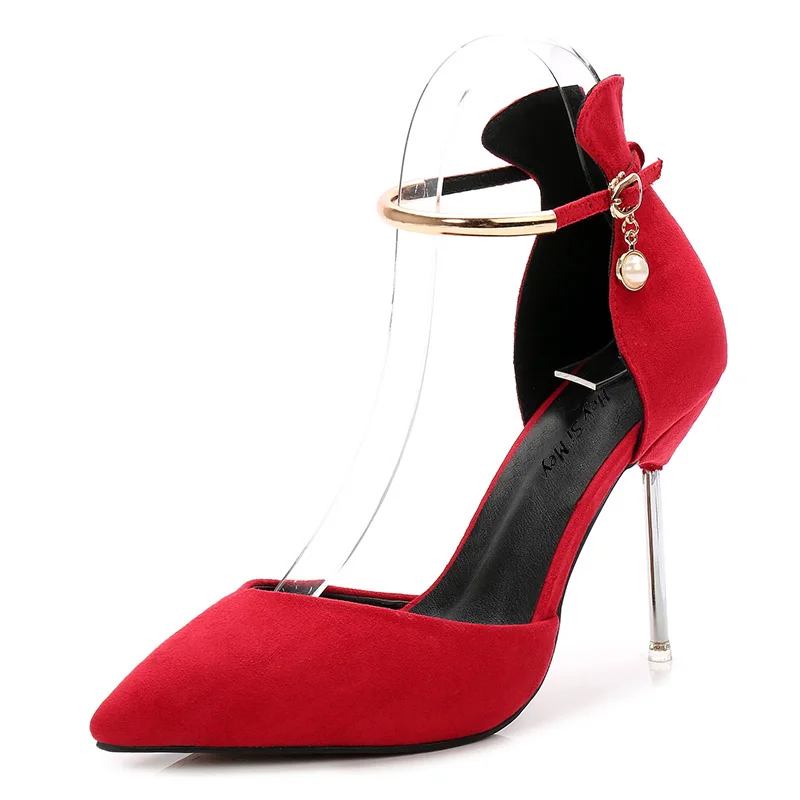 

zapatos mujer stiletto Pointed Toe Metal Ankle strap sandals 10cm Thin High heels shoes woman Two-Piece ladies wedding pumps
