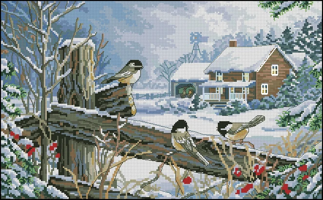 

Top Quality Lovely Counted Cross Stitch Kit Birds on Barrier Railing Snow Winter Bird Birds dim 12129