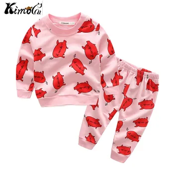 

Kimocat In spring and autumn, baby girl's leisure suit is cute pink cartoon piggy, long sleeve health girl, two pieces